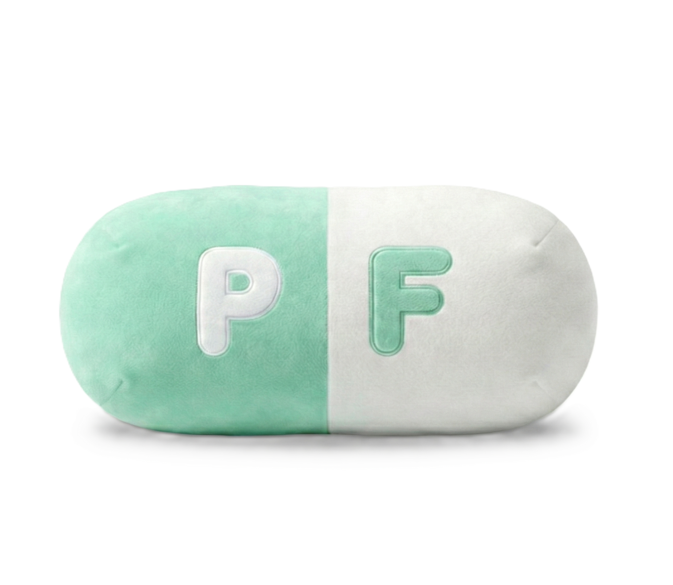 PillowFun capsule pillow - mint green and white plush pillow with P and F embroidered